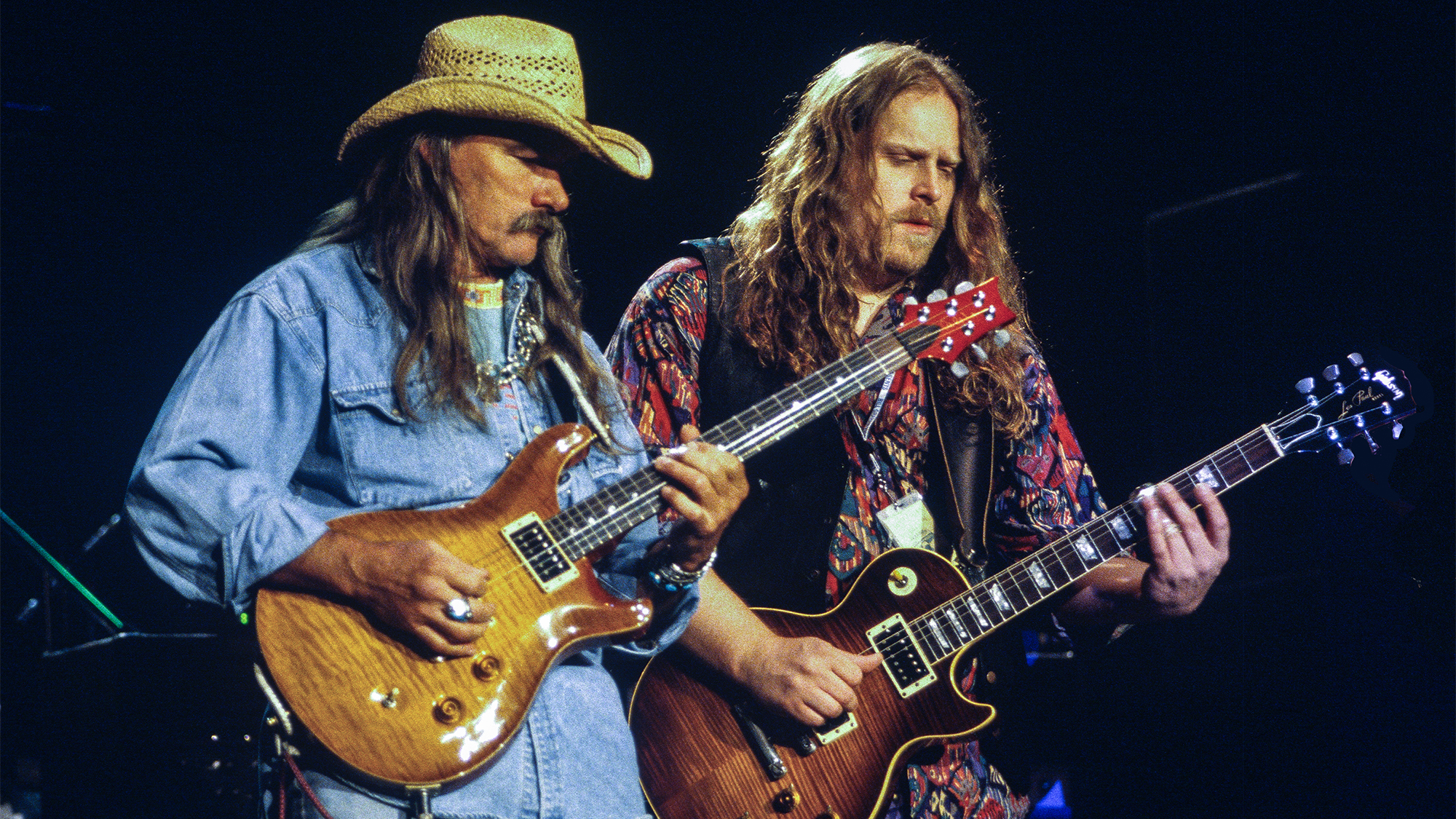 Dicky Betts (L) and Warren Haynes of the Allman Brothers perform during H.O.R.D.E. Festival at Shoreline Amphitheatre on July 31, 1994 in Mountain View, California.