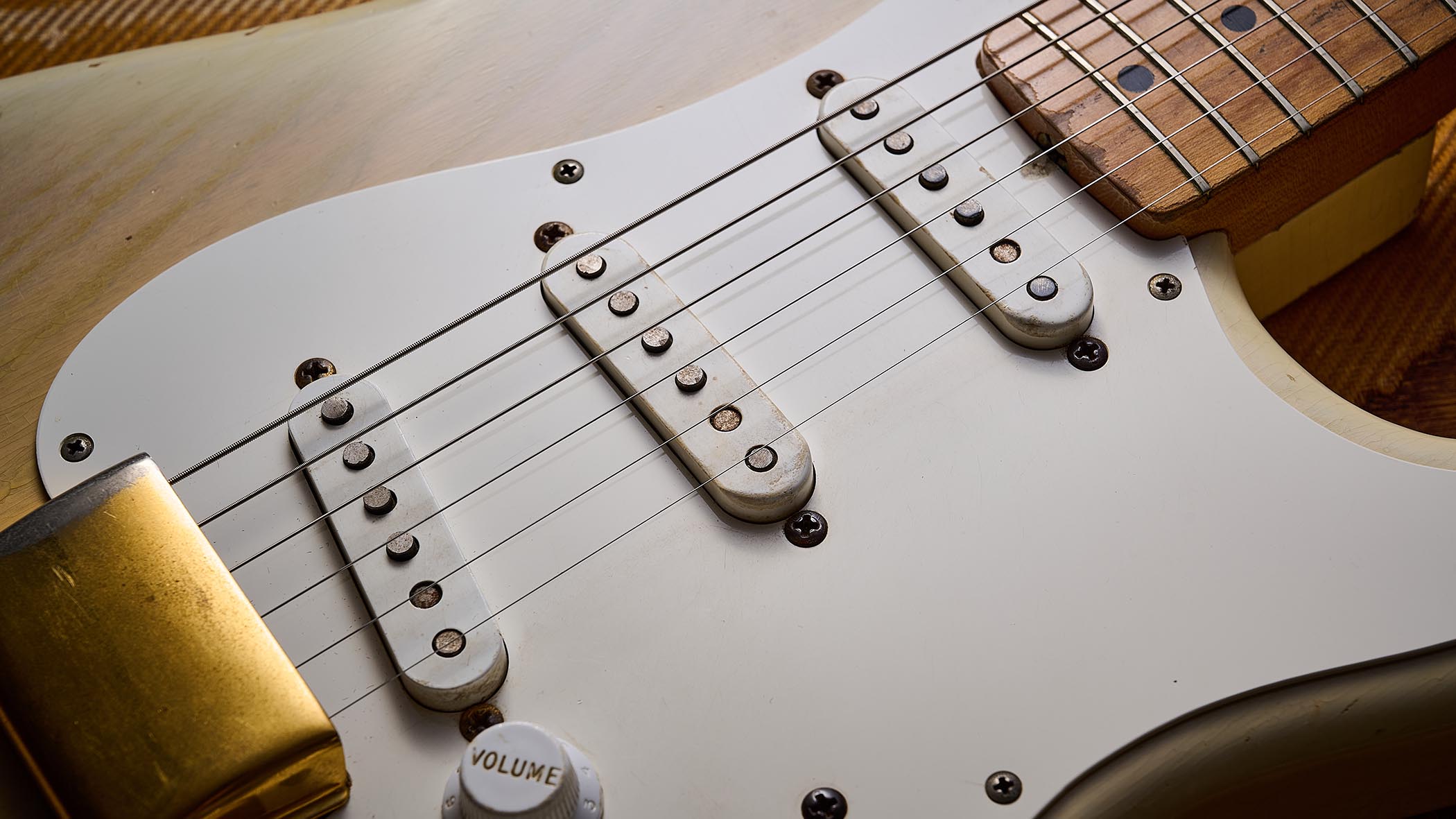 A close-up shot of the pickups on a Fender Mary Kaye Stratocaster