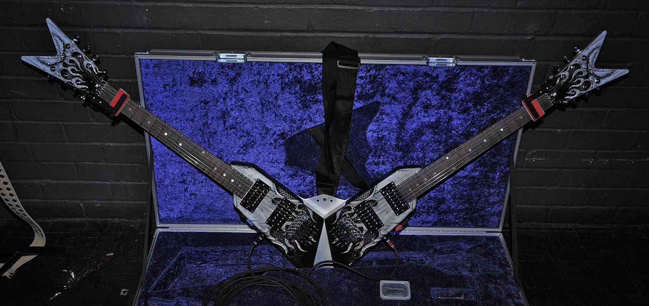 A custom Dean duel neck guitar belonging to guitarist Michael Angelo Batio, on show at the Dean DOA event at the Albany Theatre &ndash; pictured on August 11, 2009