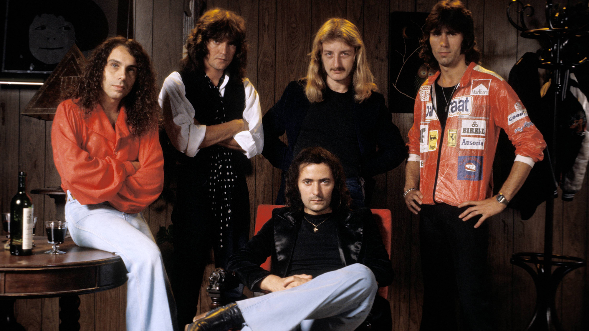 Rainbow pose in Los Angeles, USA in June 1977. Clockwise from top left: Ronnie James Dio, Bob Daisley, David Stone, Cozy Powell and Ritchie Blackmore.
