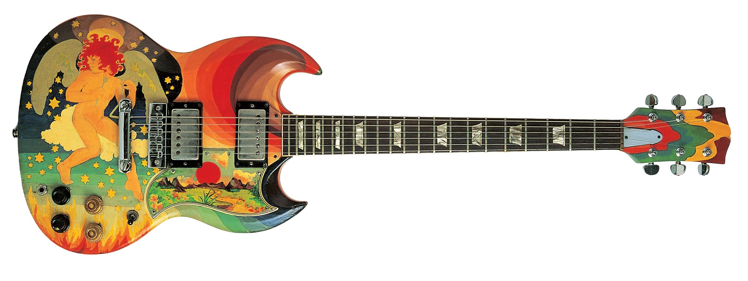 Studio still life of a 1963 Gibson SG Les Paul Standard guitar owned by Eric Clapton and painted by The Fool,