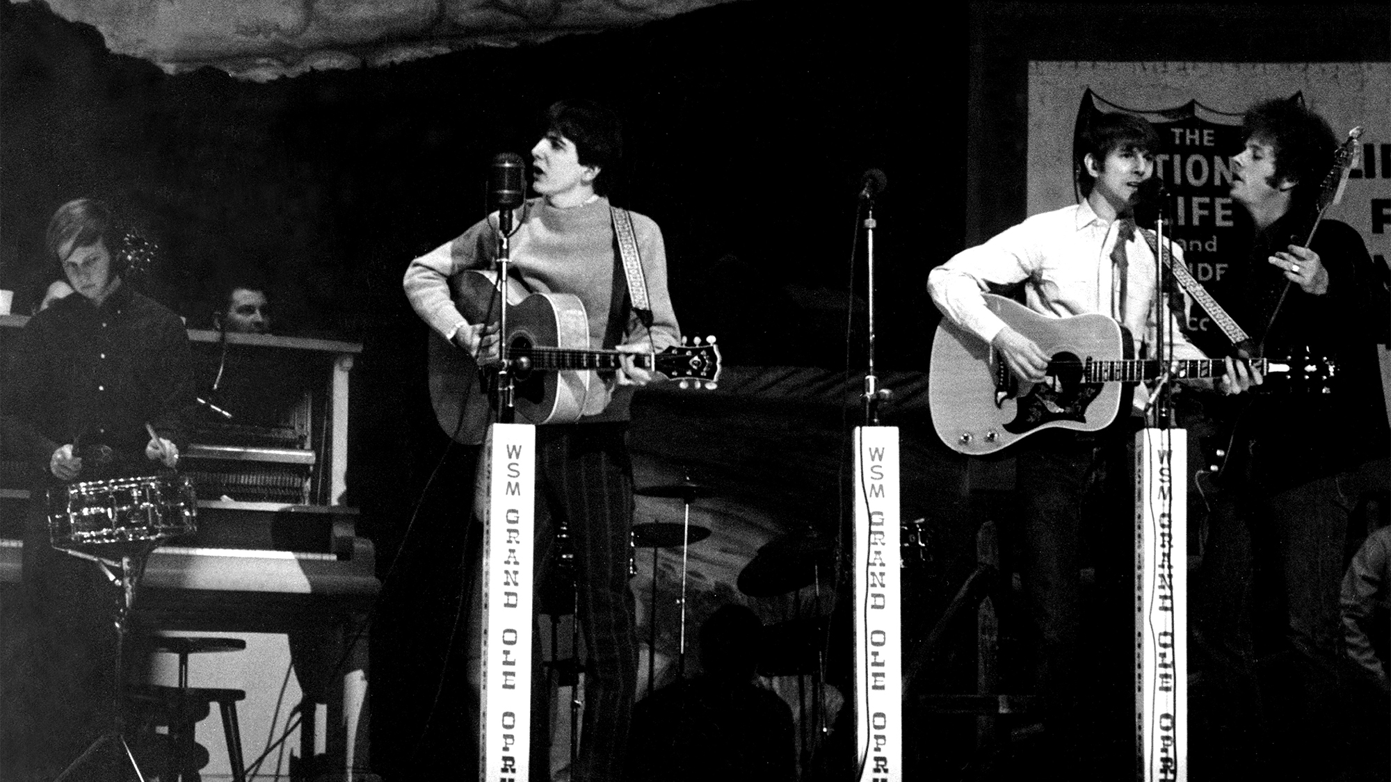 The Byrds perform at the Grand Ol' Opry in Nashville, Tennessee circa 1968. Left to right: Kevin Kelly, Gram Parsons, Jim (Roger) McGuinn and Chris Hillman.