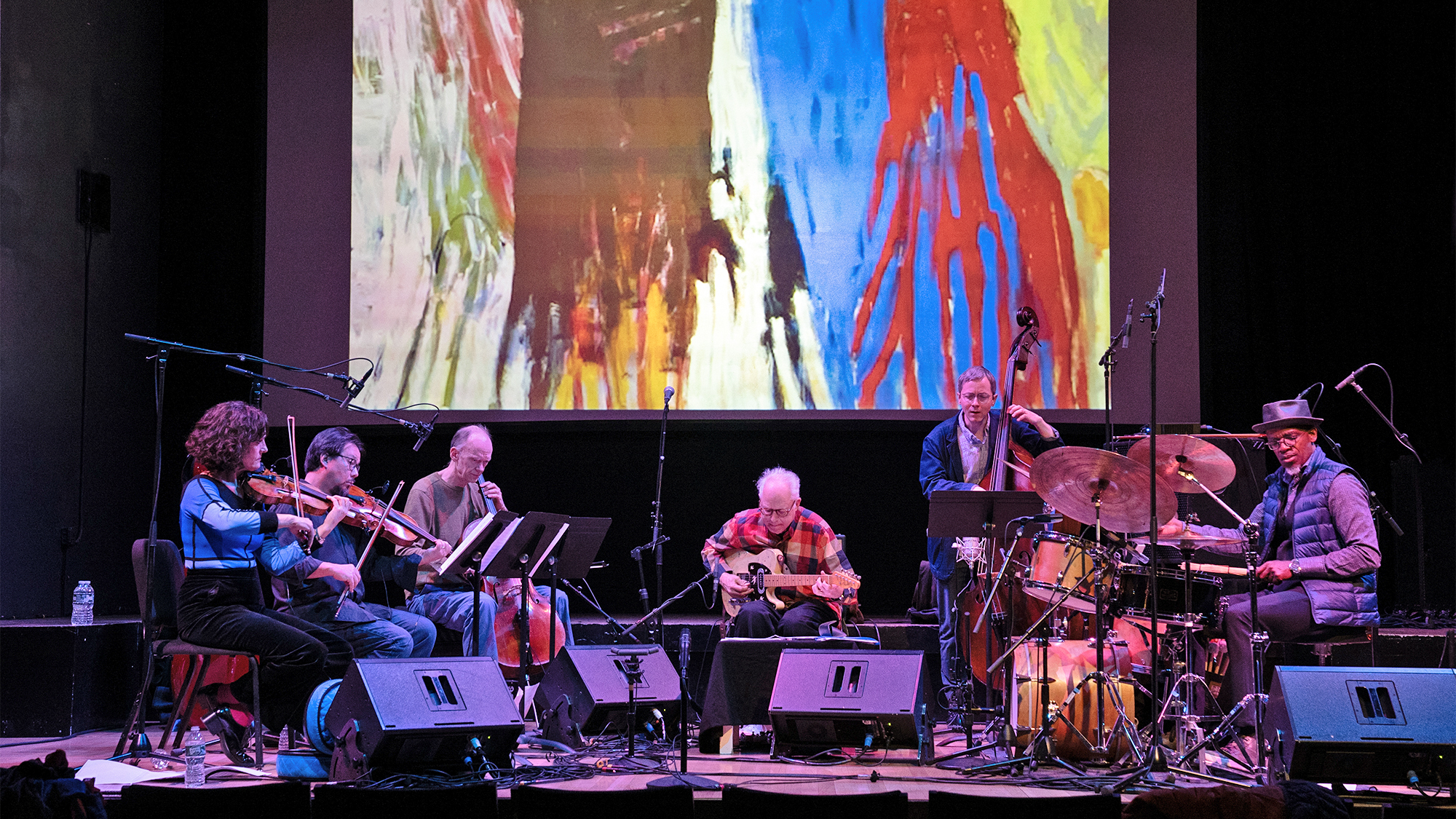 Bill Frisell with his &lsquo;In My Dream&rsquo; collaborators and &ldquo;closest friends.&ldquo; (from left) violinist Jenny Scheinman, violist Eyvind Kang, cellist Hank Roberts, Bill Frisell, bassist Thomas Morgan and drummer Rudy Royston.