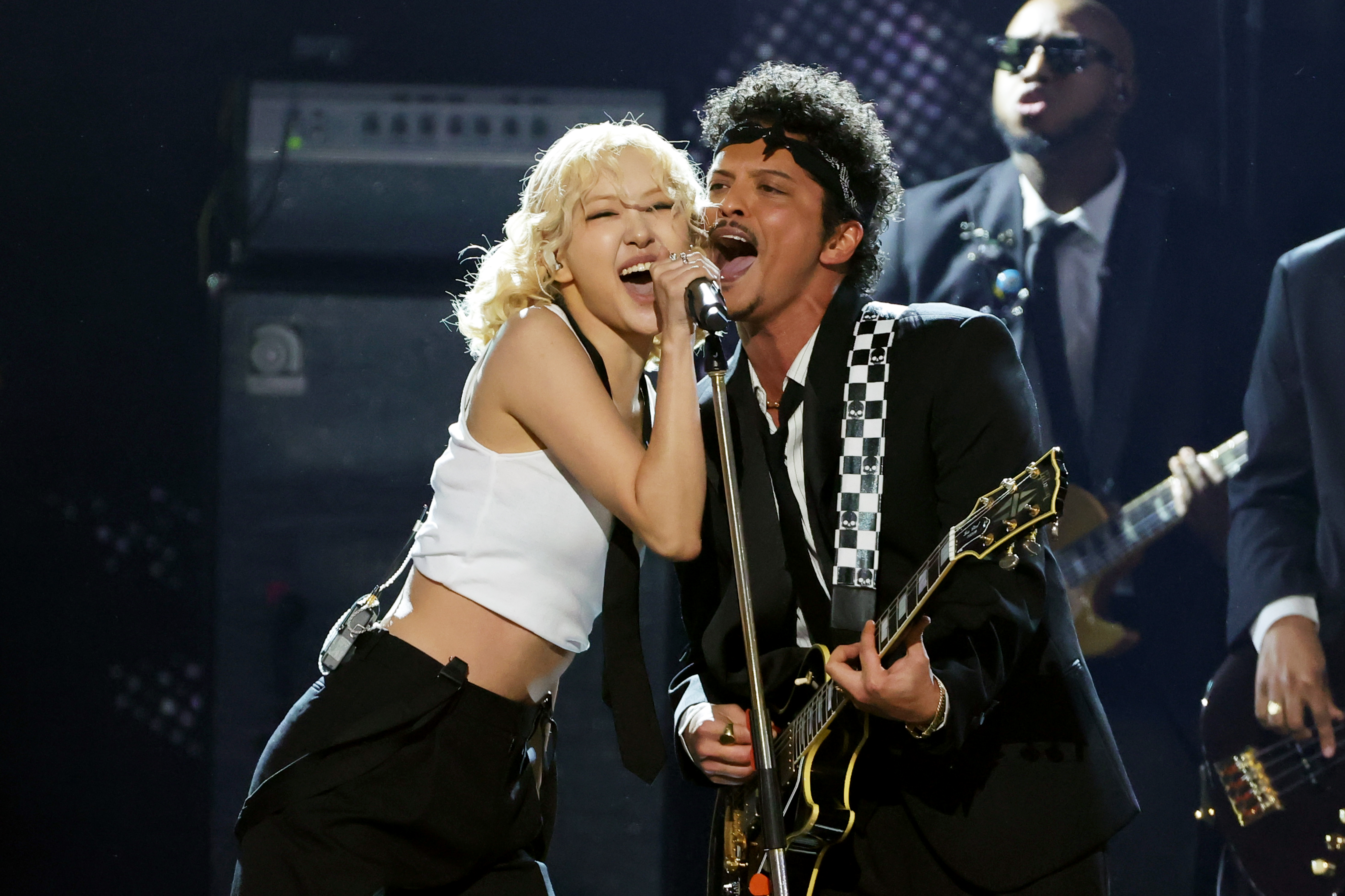 (L-R) Ros&eacute; and Bruno Mars perform onstage during the 68th GRAMMY Awards at Crypto.com Arena on February 01, 2026 in Los Angeles, California