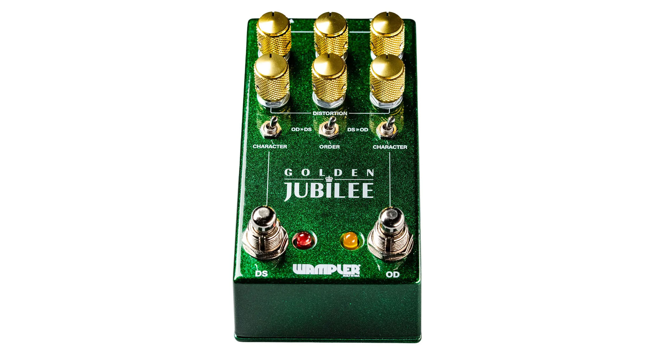 Wampler Golden Jubilee: the sparkly-green stompbox has gold anodized dials and two channels of drive to play with, placing classic Plexi and Mesa-style sounds into a compact housing.