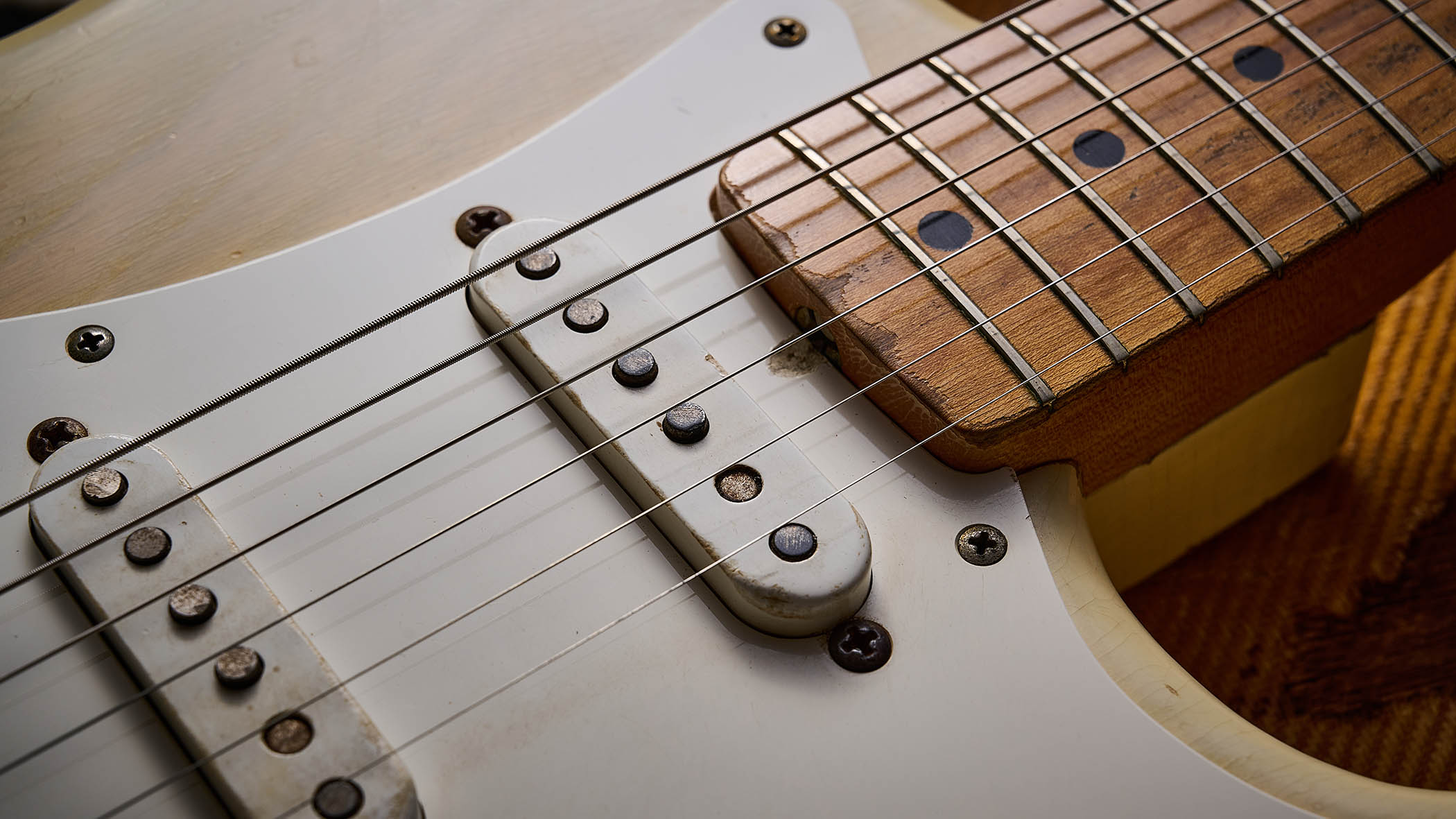 A close-up shot of the pickups on a Fender Mary Kaye Stratocaster