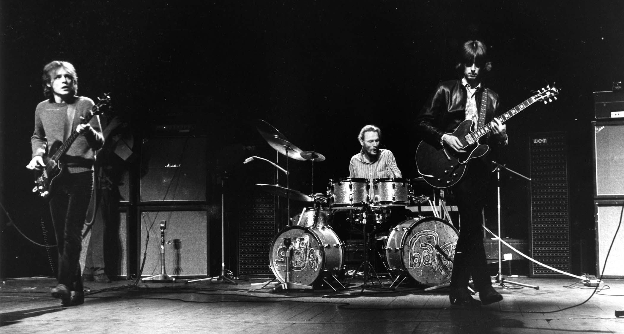Cream play their farewell show at the Royal Albert Hall [L-R]: Jack Bruce, Ginger Baker, and Eric Clapton &ndash; Clapton plays his ES-335.