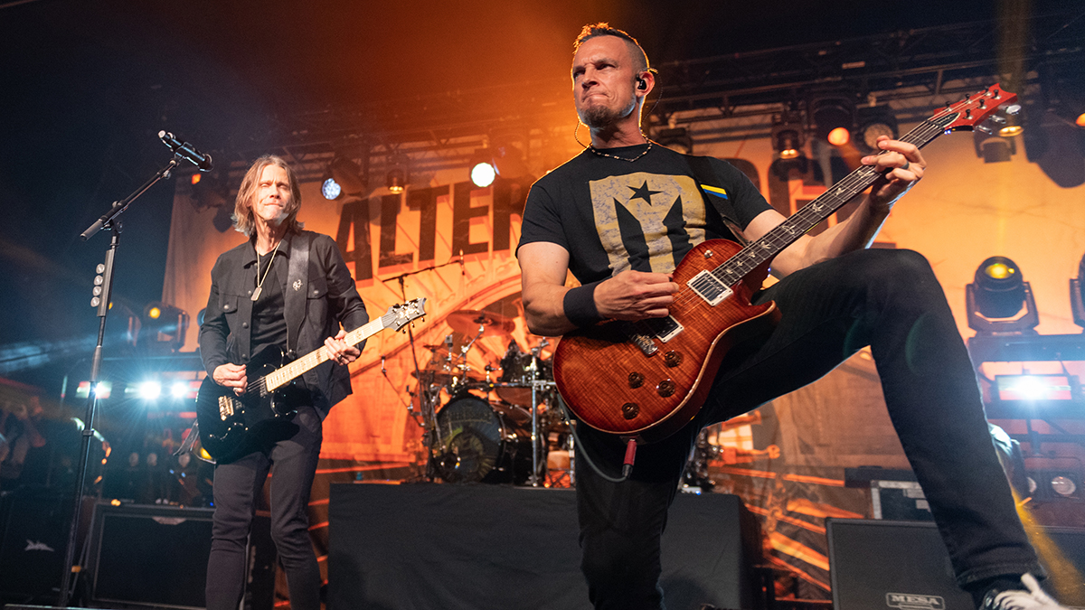 Myles Kennedy (left) and Mark Tremonti of Alter Bridge perform onstage at O2 Academy Edinburgh in Edinburgh, Scotland on June 6, 2023
