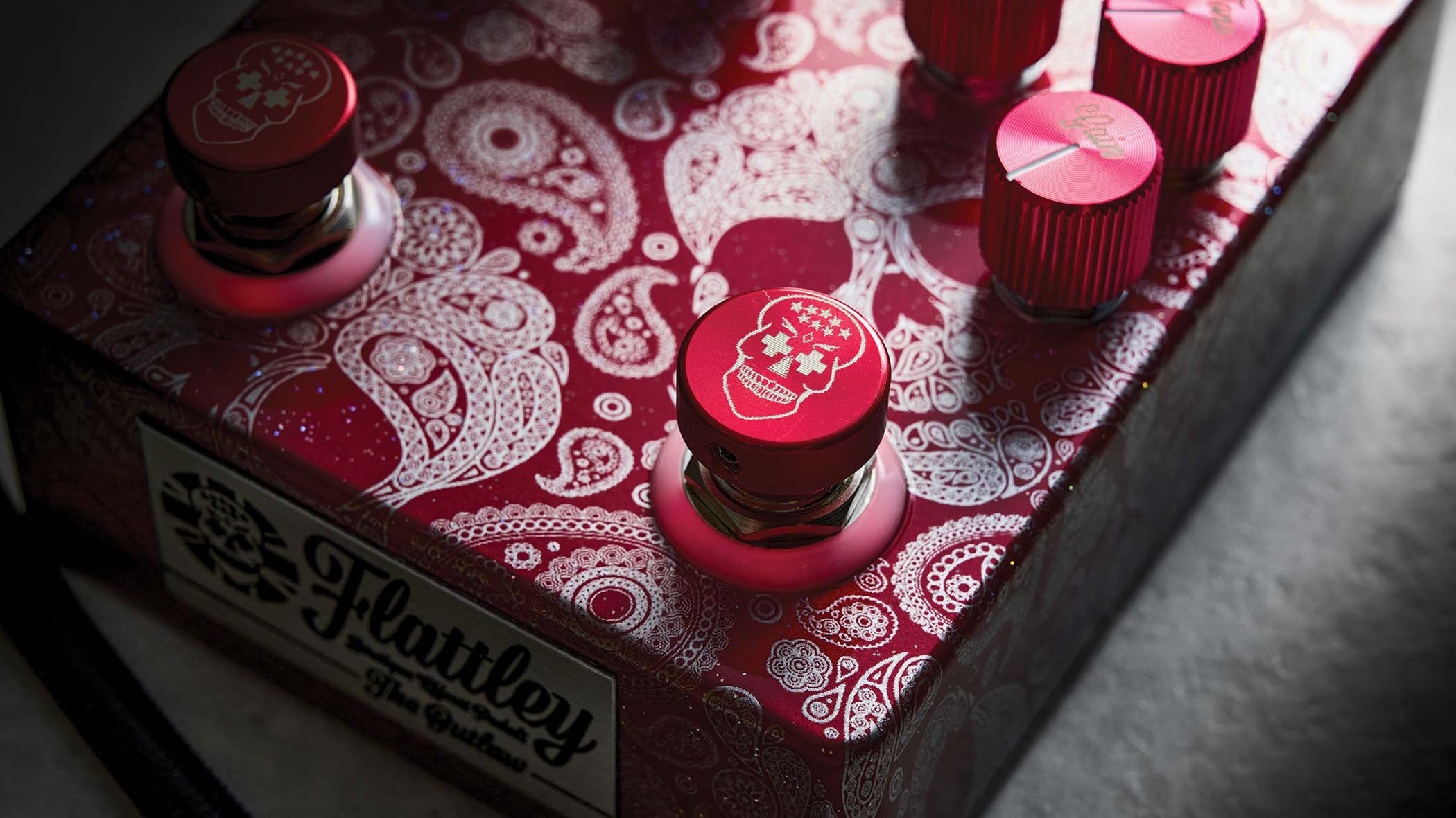 Flattley The Outlaw &ndash; the red-pink boost/drive twofer is decorated in Mexican Day of the Dead inspired graphics