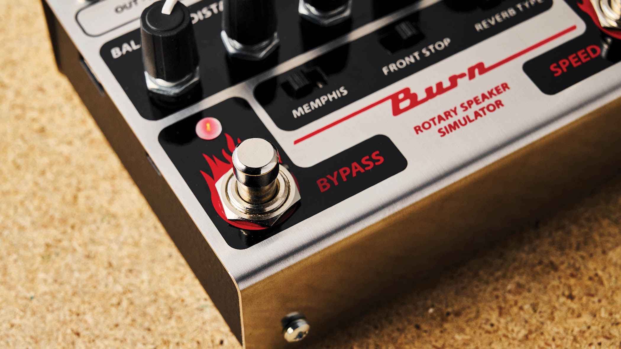 The Crumar Burn is a rotary speaker emulator that is designed for keyboards but works just fine for guitar &ndash; it has a brushed metal chassis with black dials and control panel