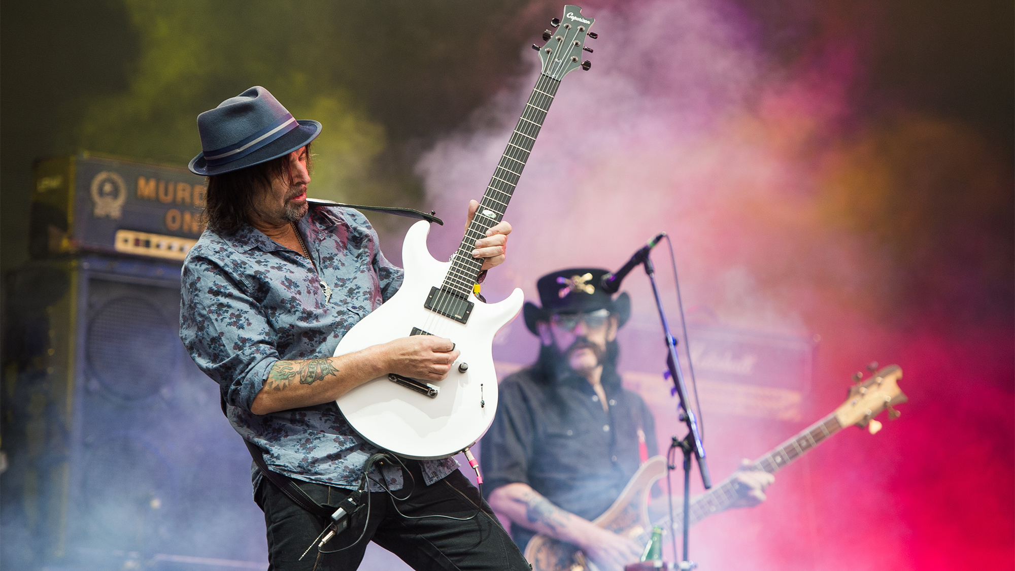 Phil Campbell and Lemmy Kilmister (R) of Motorhead perform at the Glastonbury Festival at Worthy Farm, Pilton on June 26, 2015 in Glastonbury, England.