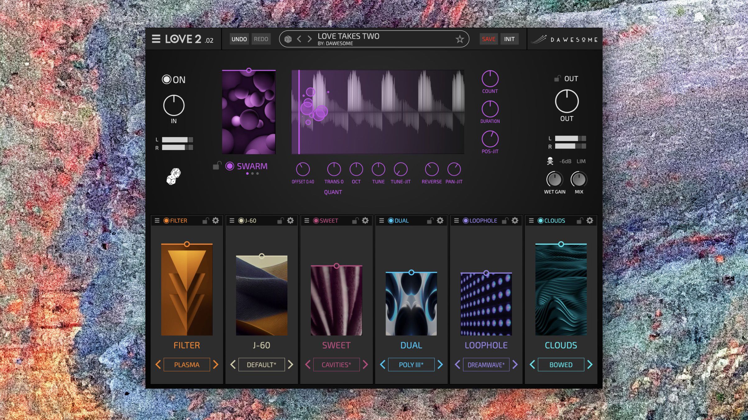 Dawesome's Love 2 multi-effects plugin offers "immediate enhancement for any audio."]