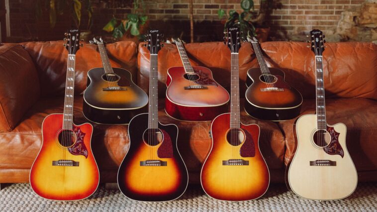 Epiphone elevates its acoustic guitar lineup with all-solid constructions, rosewood fingerboards, and budget-friendly versions of Gibson classics.]