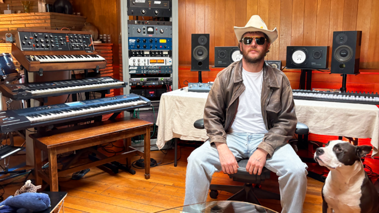 "Exploring Blue May's Home Studio: 'I toyed with that Moog sound for ages, thinking it was too 'adult' to use, but then I realized, 'Wait, this might work' for Pussy Palace."]