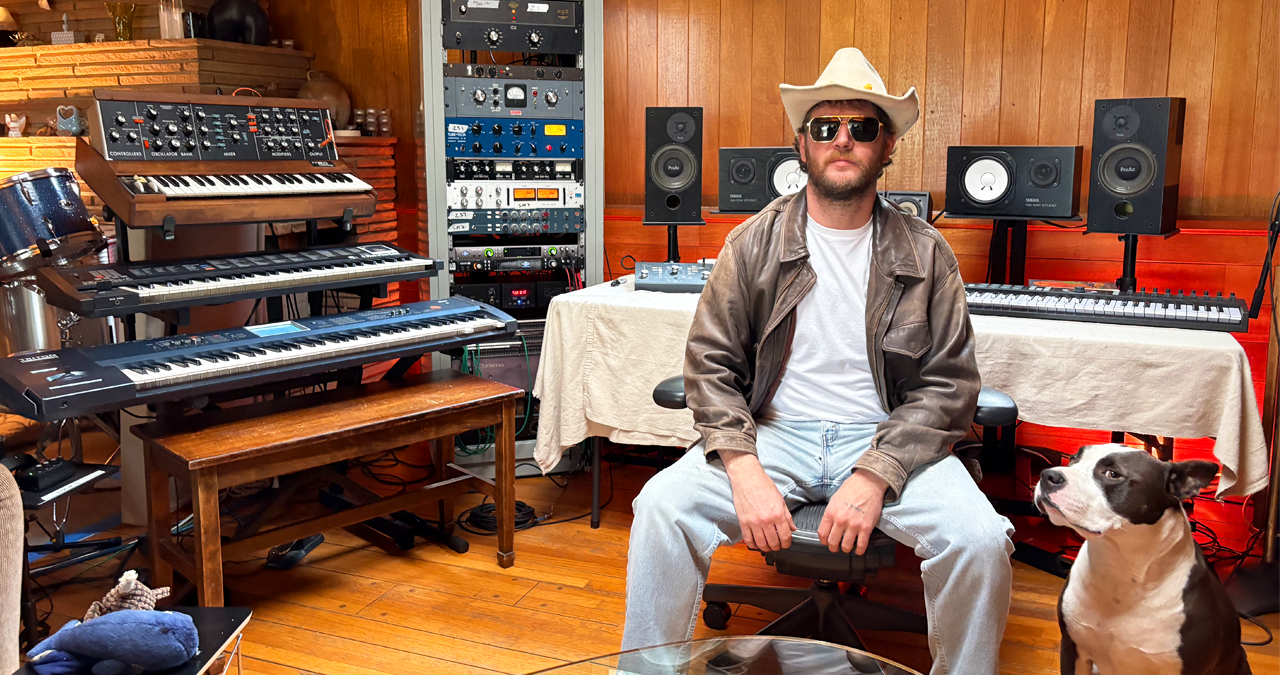 "Exploring Blue May's Home Studio: 'I toyed with that Moog sound for ages, thinking it was too 'adult' to use, but then I realized, 'Wait, this might work' for Pussy Palace."]