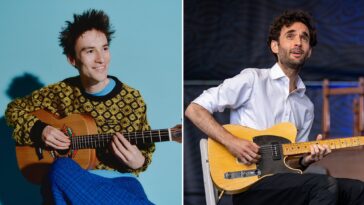 Jacob Collier presented his 5-string acoustic guitar to Julian Lage.]