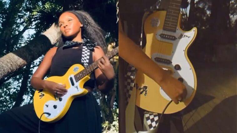 Janelle Monáe's latest guitar is Epiphone's most affordable Les Paul model.]
