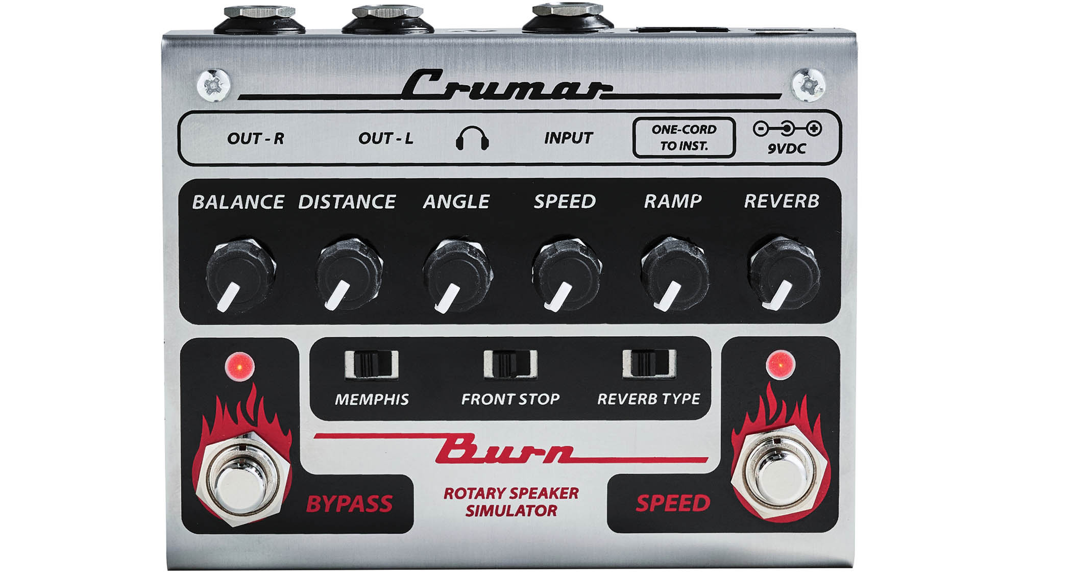 The Crumar Burn is a rotary speaker emulator that is designed for keyboards but works just fine for guitar &ndash; it has a brushed metal chassis with black dials and control panel