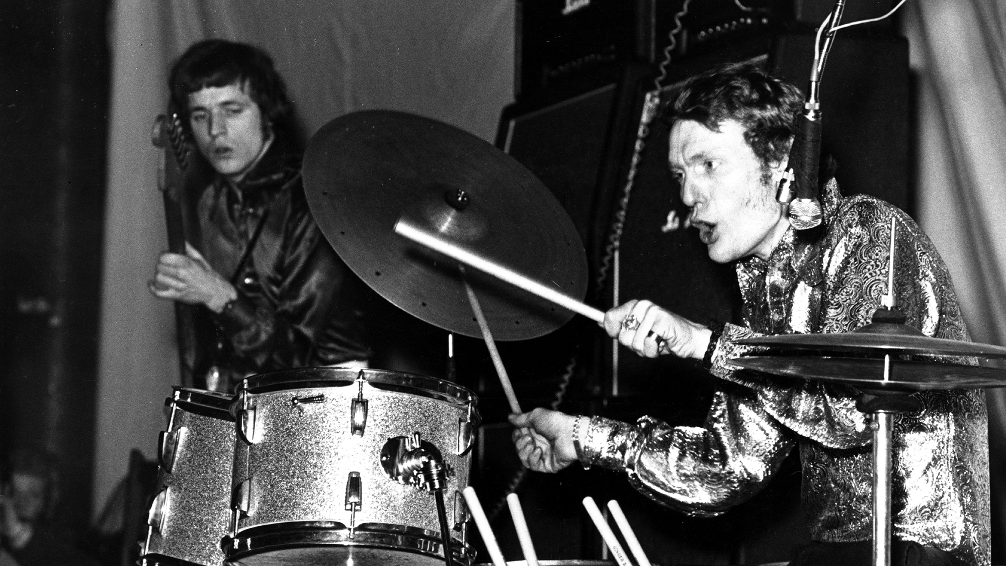 Bassist Jack Bruce (left) and drummer Ginger Baker of British blues-rock band Cream in concert, circa 1967.