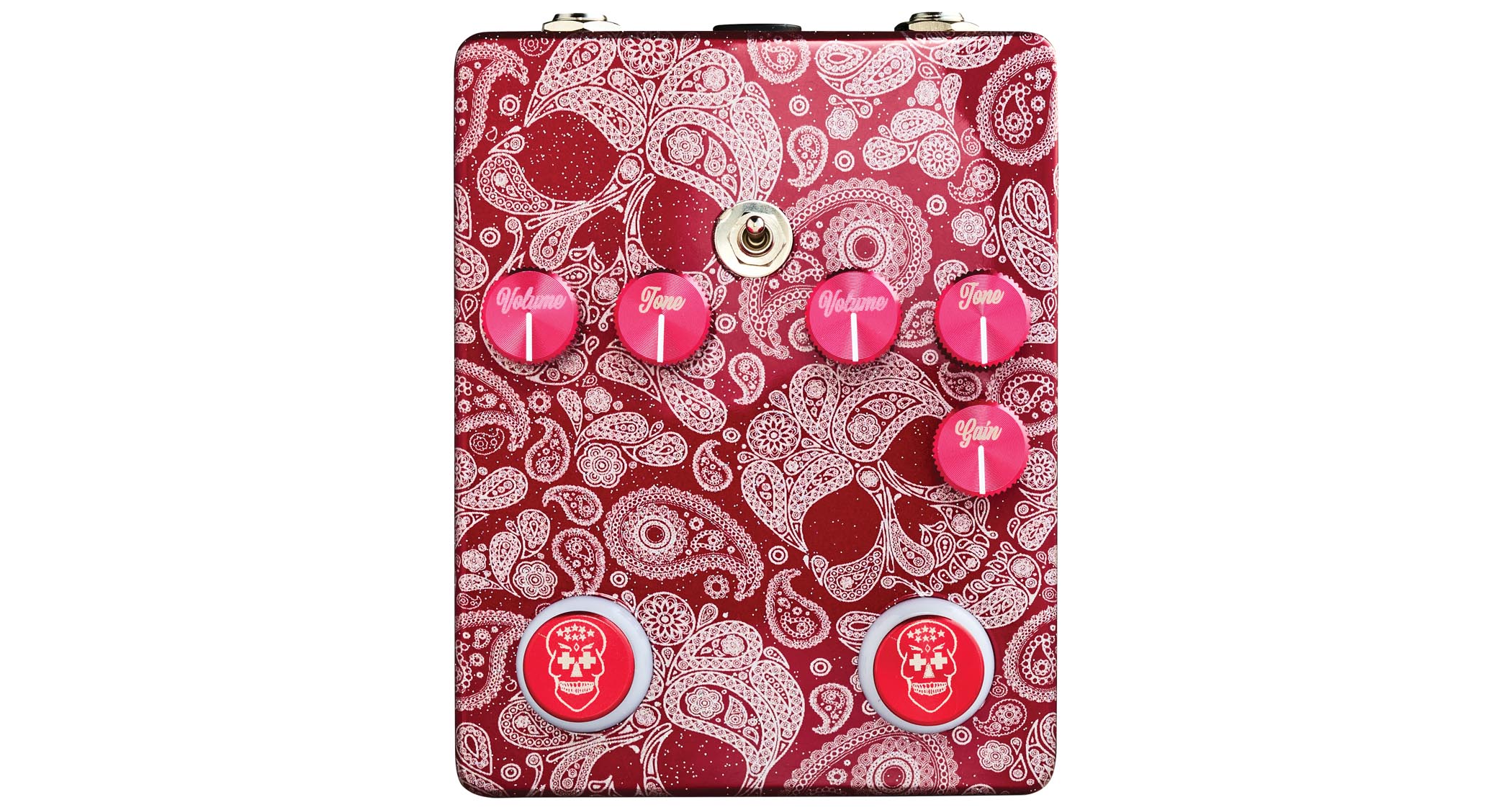 Flattley The Outlaw &ndash; the red-pink boost/drive twofer is decorated in Mexican Day of the Dead inspired graphics