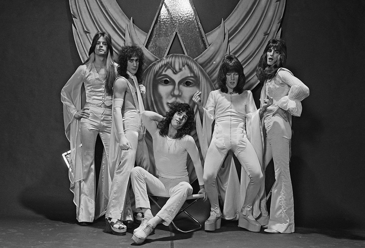 American glam rock band Angel posed in Los Angeles, California in March 1976. The band line up includes guitarist Punky Meadows, bassist Mickie Jones, singer Frank DiMino, keyboard player Gregg Giuffria, and drummer Barry Brandt