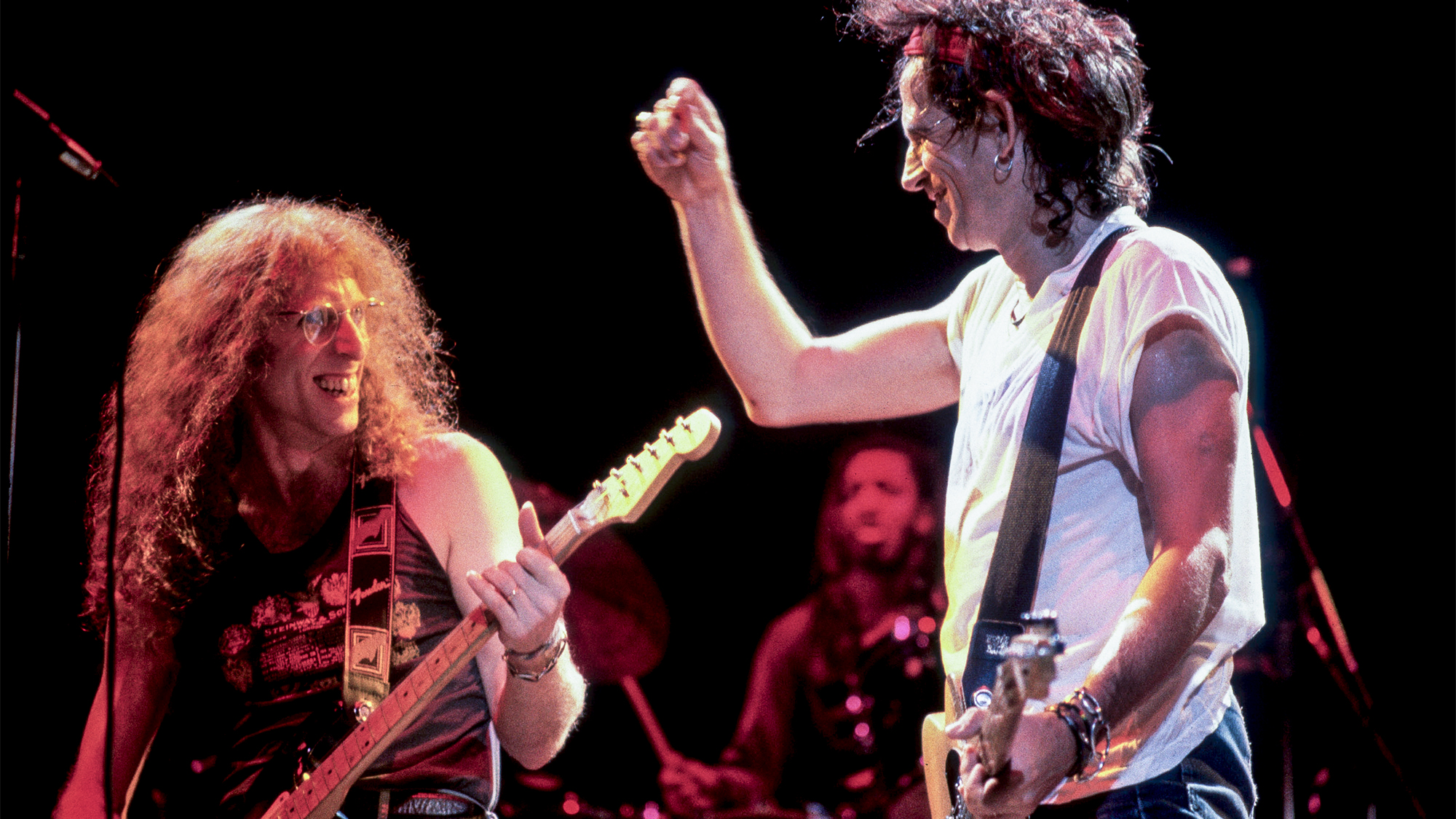 British musician Keith Richards (right) and American musician Waddy Wachtel of the X-pensive Winos perform on stage during their 'Main Offender' tour, early 1993.