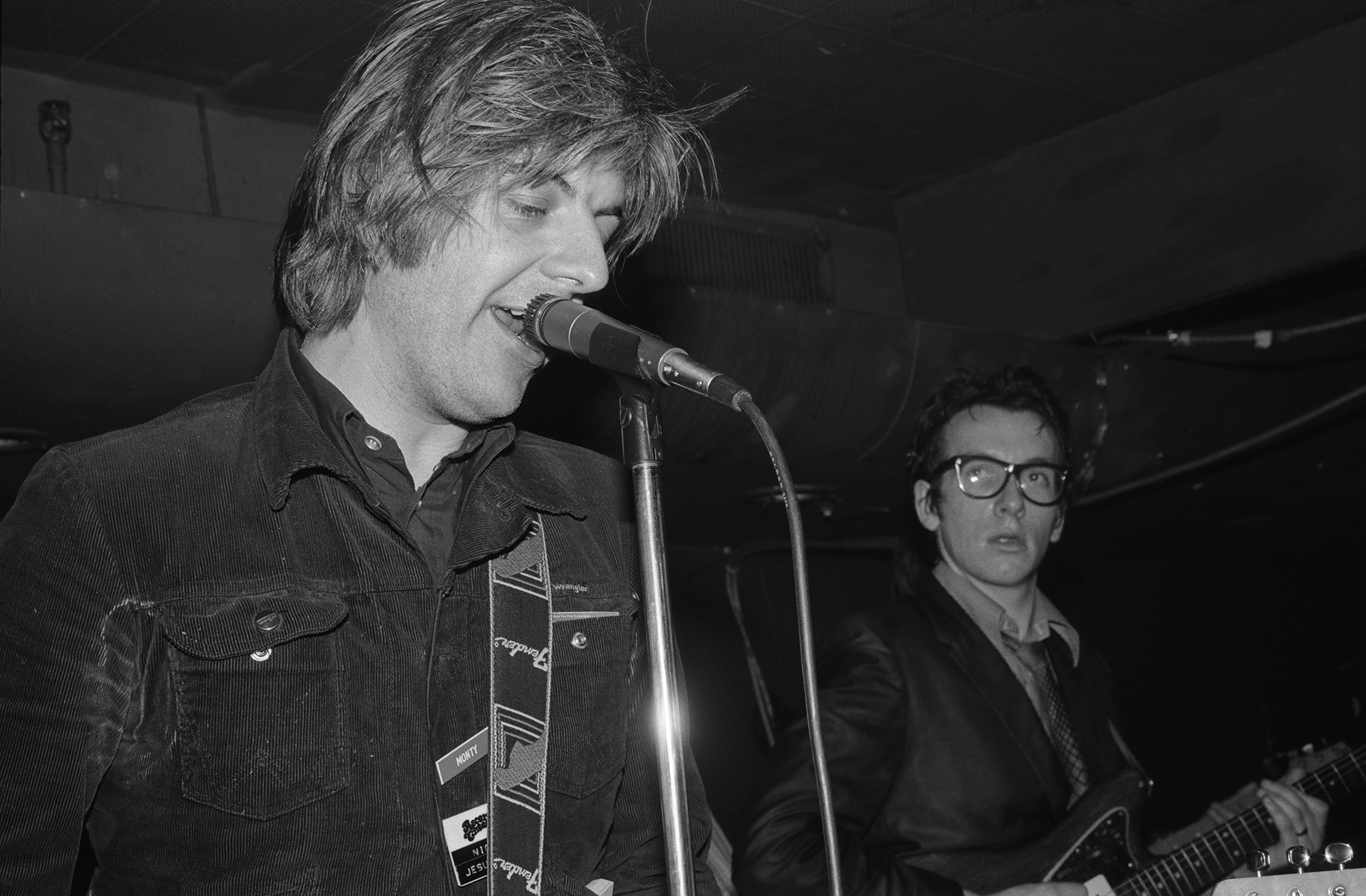 Musicians Nick Lowe and Elvis Costello performing live at El Mocambo, Toronto, Canada, 6th March 1978.