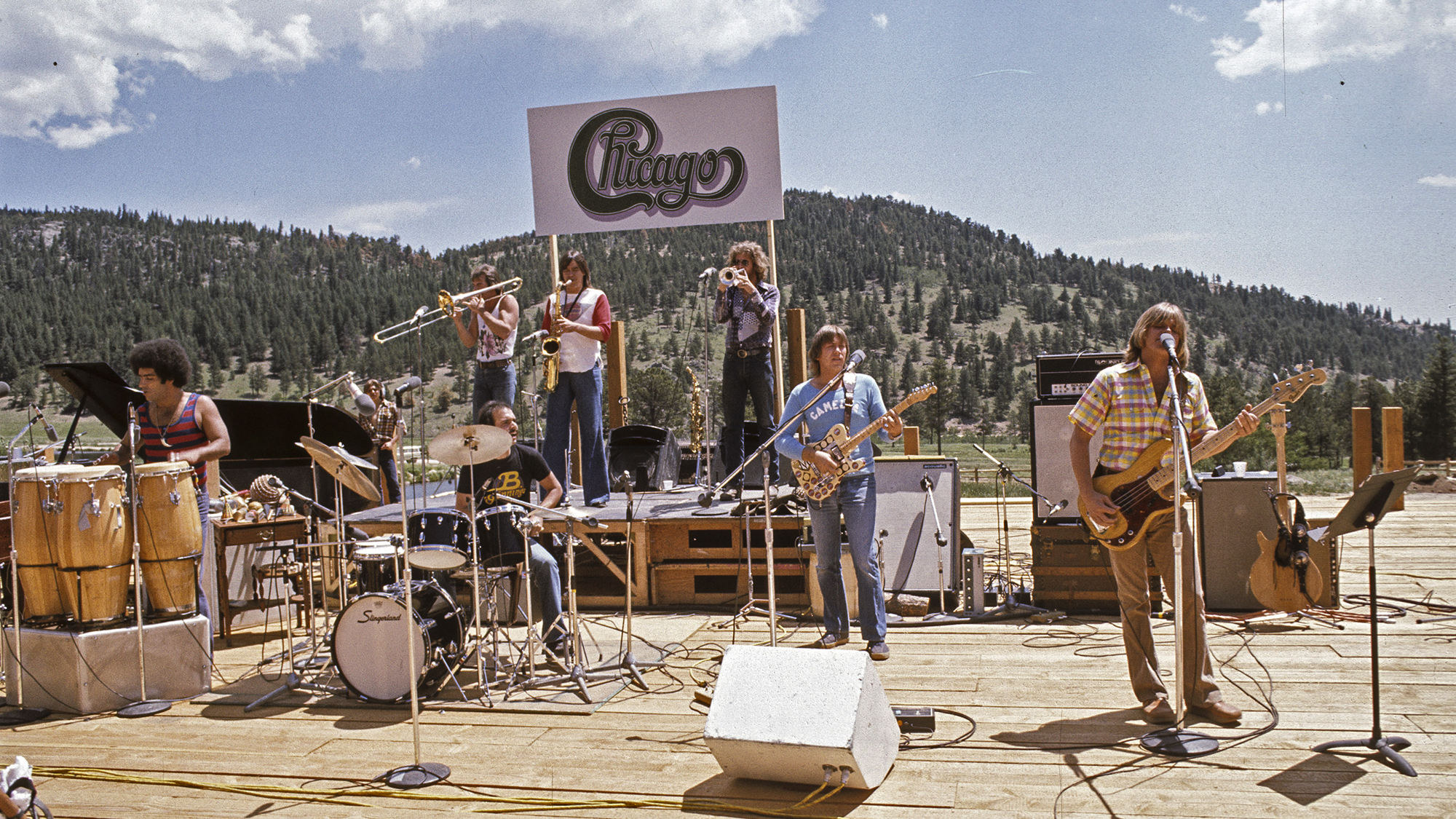 Chicago perform for a TV special, July 15, 1974. (from left) Laudir de Oliveira, James Pankow, Danny Seraphine, Walter Parazaider, Lee Loughnane, Kath and Peter Cetera.