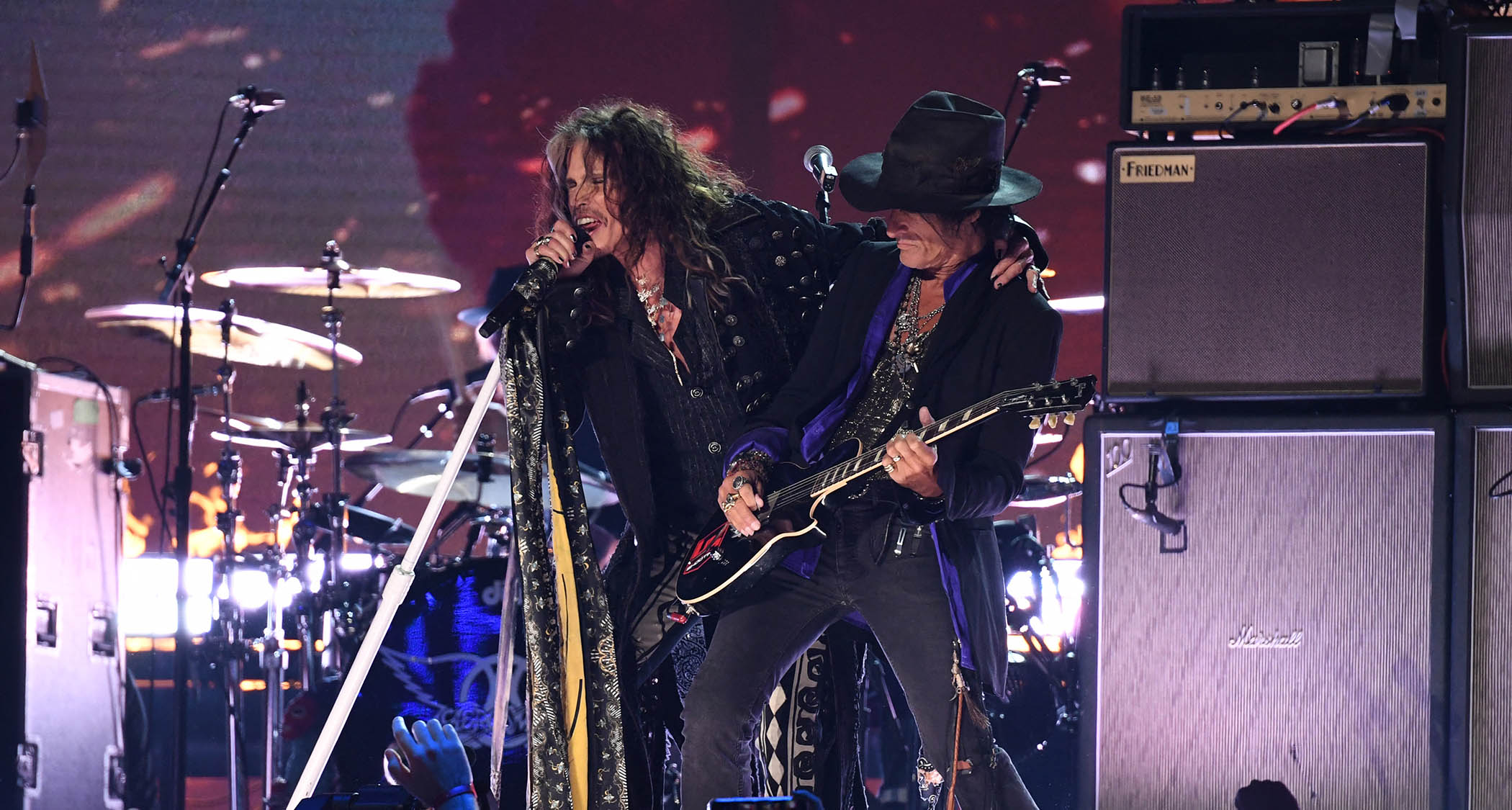 Joe Perry and Steven Tyler perform at the Grammys in 2020.