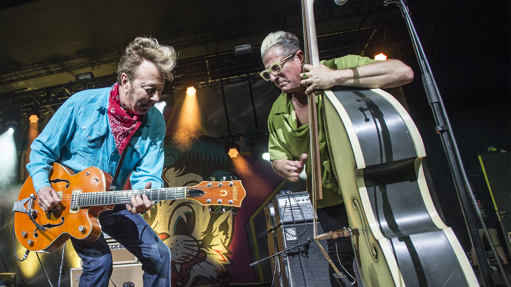 BIRMINGHAM, ENGLAND - JUNE 23: Brian Setzer and Lee Rocker of The Stray Cats perform on stage at O2 Academy Birmingham on June 23, 2019 in Birmingham, England.