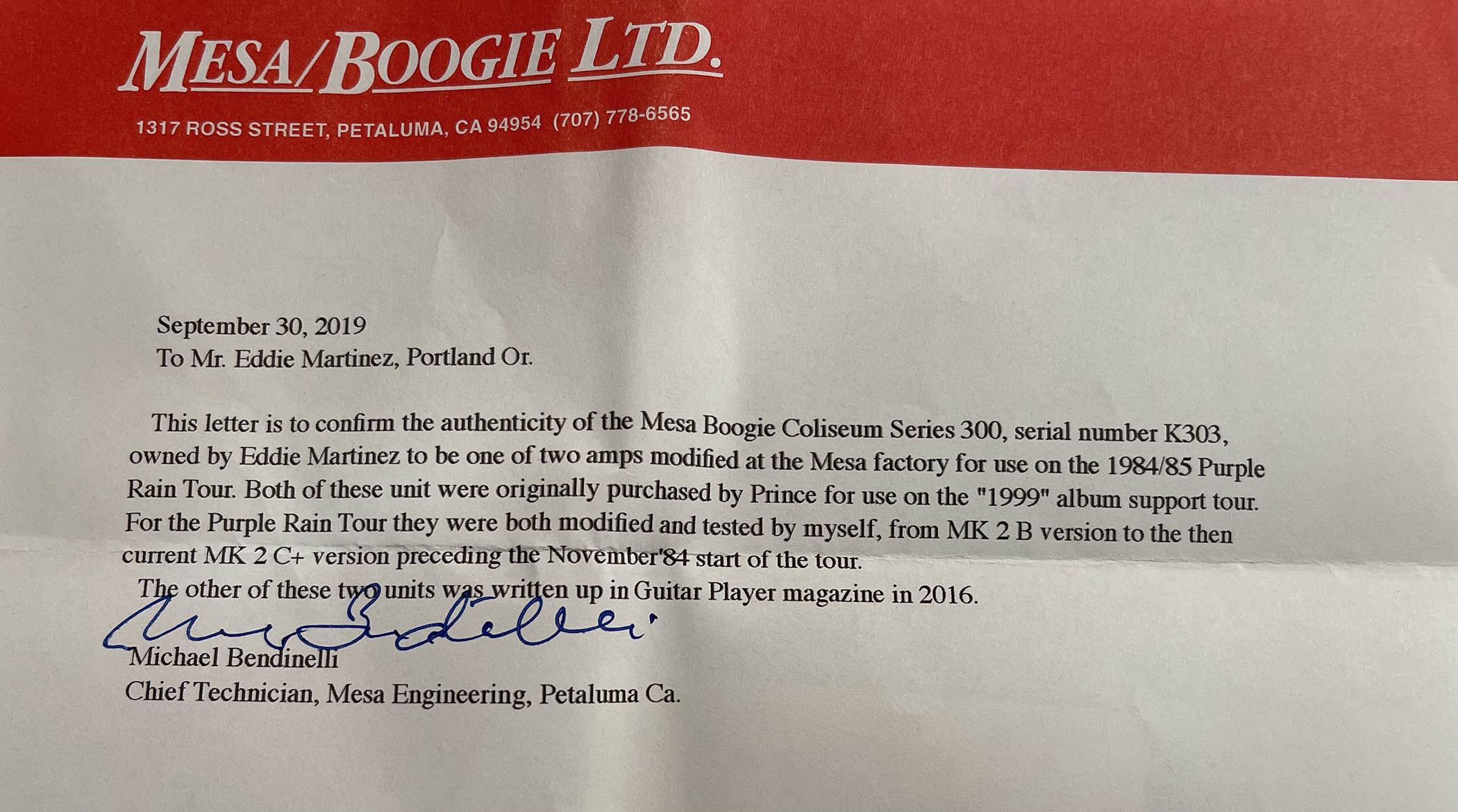 Eddie Martinez's Mesa/Boogie Coliseum 300 was Prince's number one amp on the Purple Rain Tour