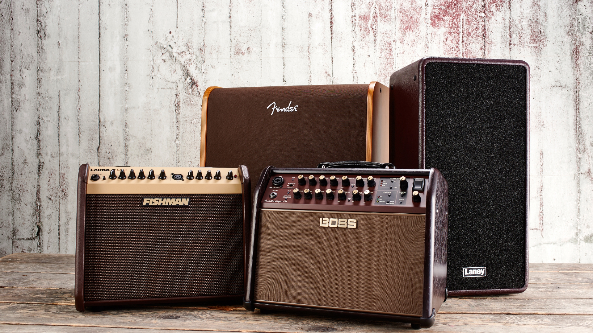 A selection of acoustic guitar amps from Fishman, Fender, Boss, and Laney