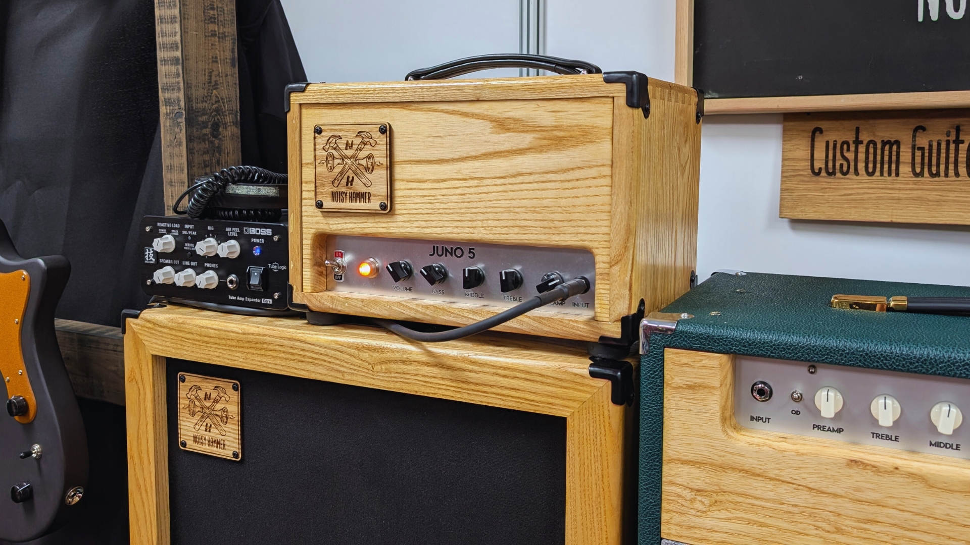 A Noisy Hammer Juno guitar amp and matching cabinet at The Guitar Show in Birmingham, UK