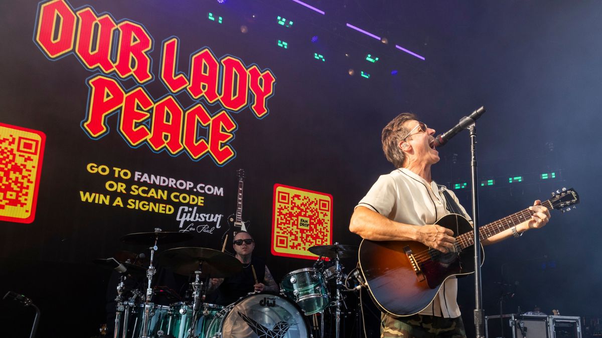 Raine Maida (C) of Our Lady Peace performs at Michigan Lottery Amphitheatre on July 22, 2025 in Sterling Heights, Michigan