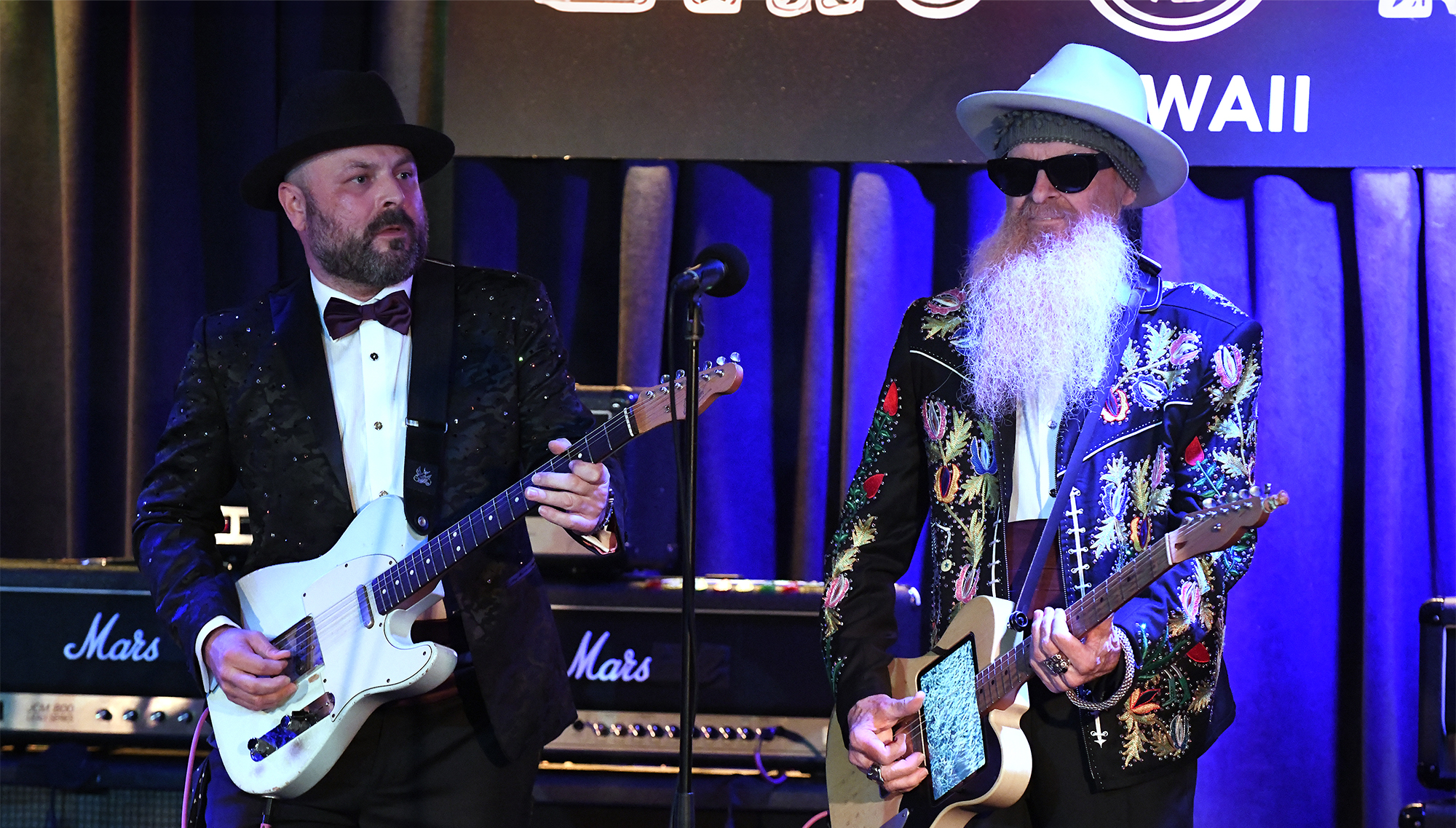 Guthrie Trapp (L) and Billy Gibbons of Billy F. Gibbons and the BFG's perform at Blue Note Hawaii on January 17, 2025 in Honolulu, Hawaii.