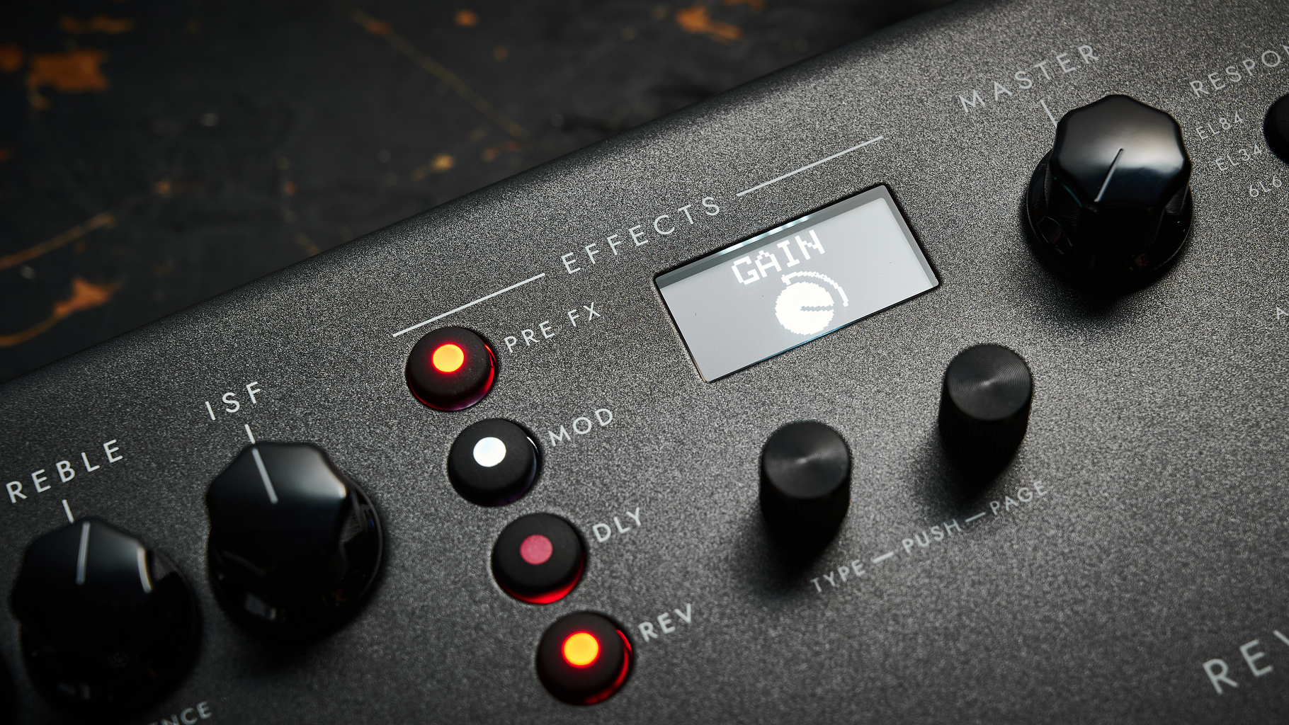 Close up of the screen and buttons on the Blackstar ID:X Floor Three multi-effects pedal