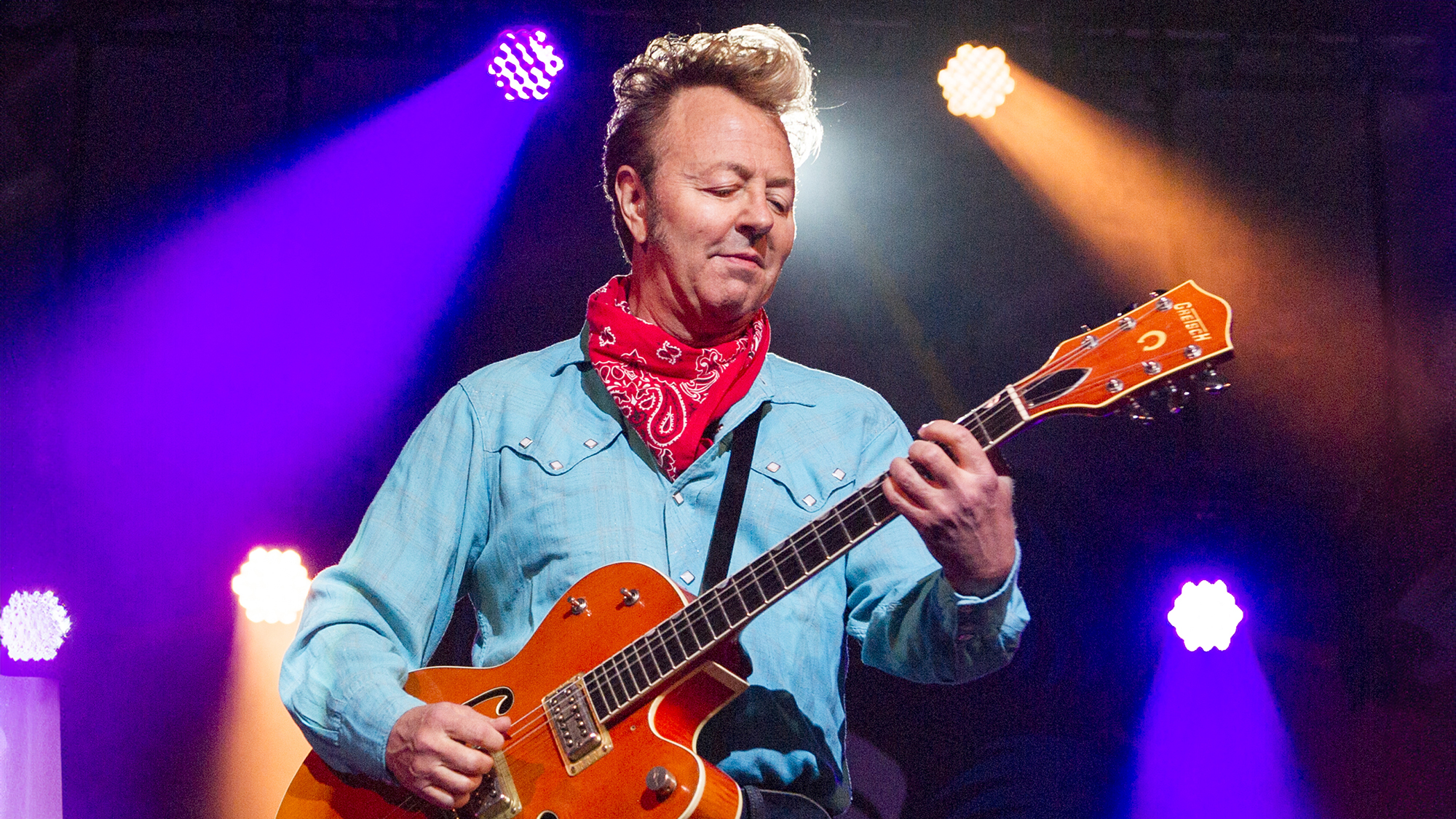 Brian Setzer of The Stray Cats performs on stage at O2 Academy Birmingham on June 23, 2019 in Birmingham, England