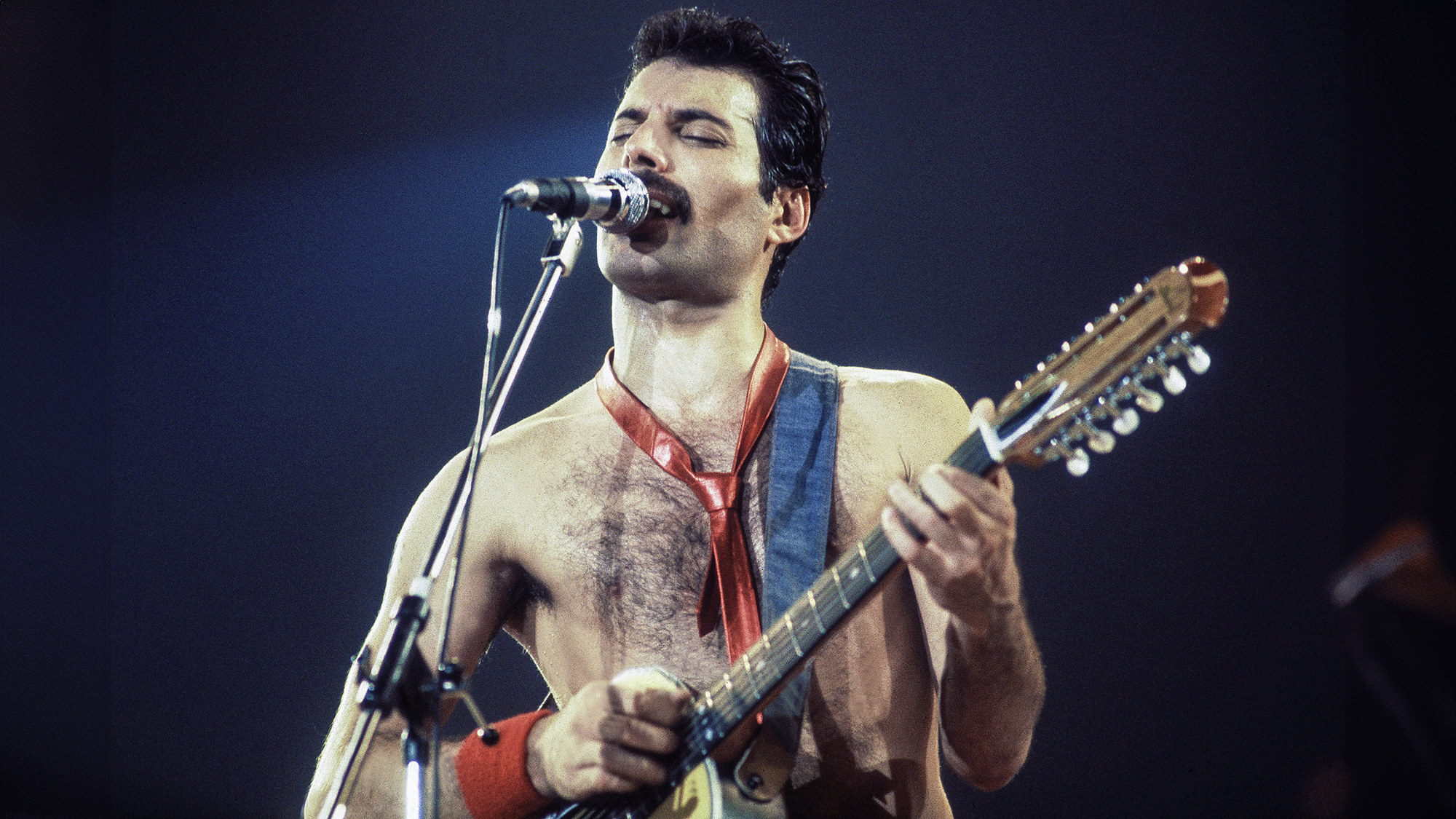 Freddie Mercury of Queen at the Rosemont Horizon on September 19, 1980 in Rosemont, Illinois.
