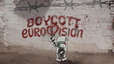 "Brian Eno, Paul Weller, Massive Attack, and others urge the removal of Israel from Eurovision, denouncing the use of the event to sanitize its actions against Palestinians."]