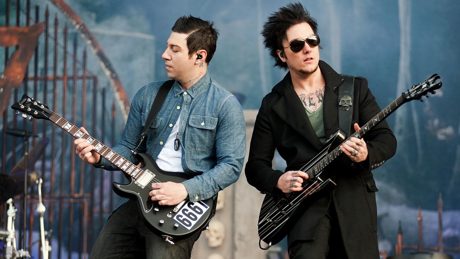 Zacky Vengeance (L) and Synyster Gates (R) from Avenged Sevenfold live onstage at Download Festival