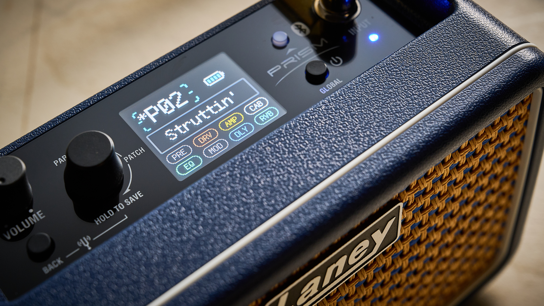 Close up of the screen on the Laney Prism Mini guitar amp