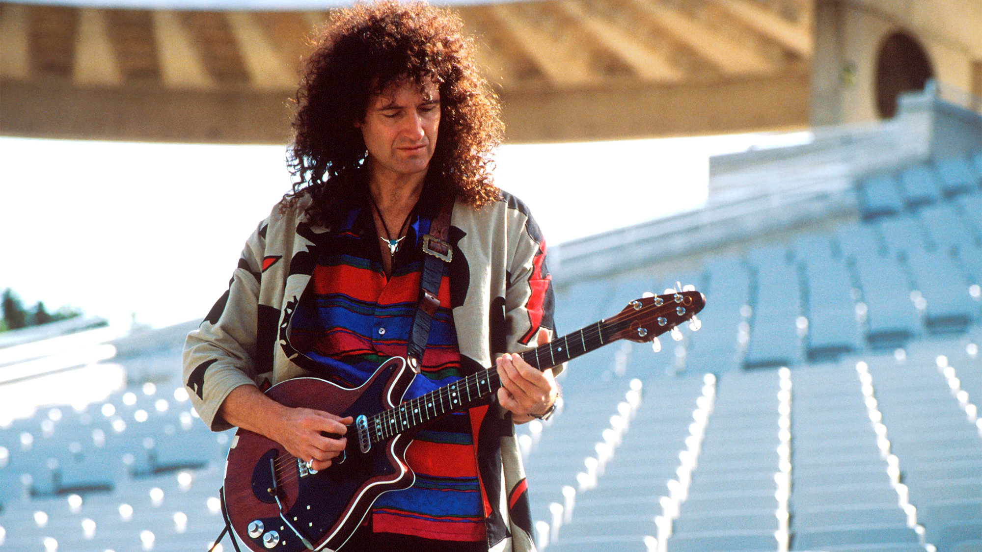 Brian May of Queen during a sound check, Seville, Spain, 1991.