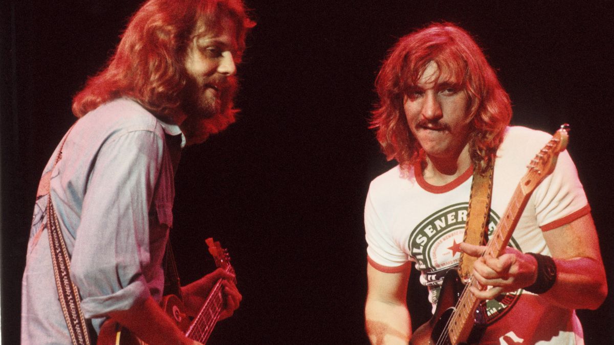 (L-R) Don Felder and Joe Walsh of The Eagles perform on stage at Ahoy on 11th May 1977 in Rotterdam, Netherlands