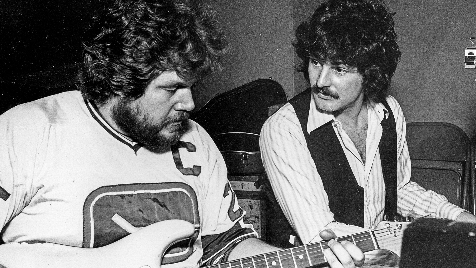 Randy Bachman (left) and Burton Cummings of the rock band "The Guess Who" reunite musically to record Cummings' new album for the first time in seven years in 1977.