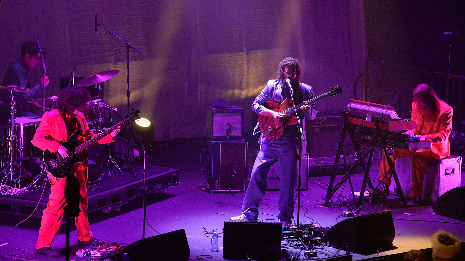 (L - R) Greg Clifford, Steven Terebecki, James Petralli and Michael Hunter of White Denim perform at Los Angeles Theatre on October 27, 2018