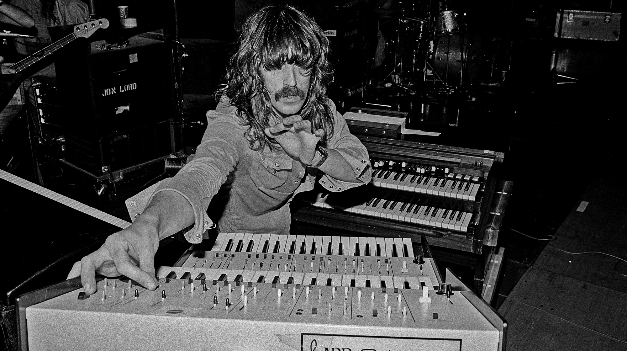 Keyboard player Jon Lord (1941-2012) from Deep Purple performs live on stage playing an ARP Odyssey synthesizer during the band's American tour in November 1974.