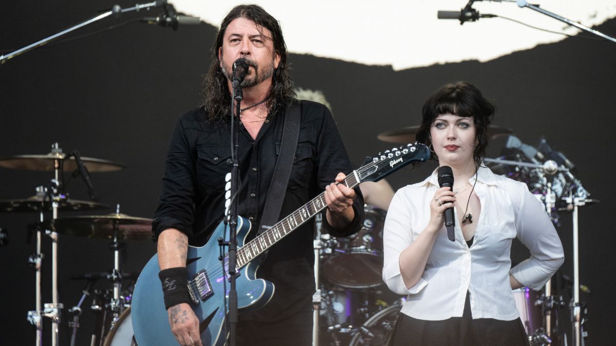 Dave Grohl from the Foo Fighters performs with his daughter Violet Grohl on The Pyramid Stage at Day 3 of Glastonbury Festival 2023 on June 23, 2023 in Glastonbury, England.