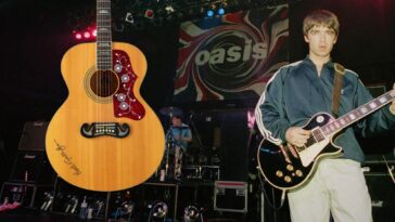Noel Gallagher’s autographed Wonderwall EJ-200 fetches $96,000 at auction.]