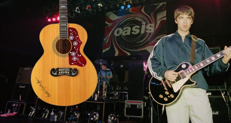 Noel Gallagher’s autographed Wonderwall EJ-200 fetches $96,000 at auction.]