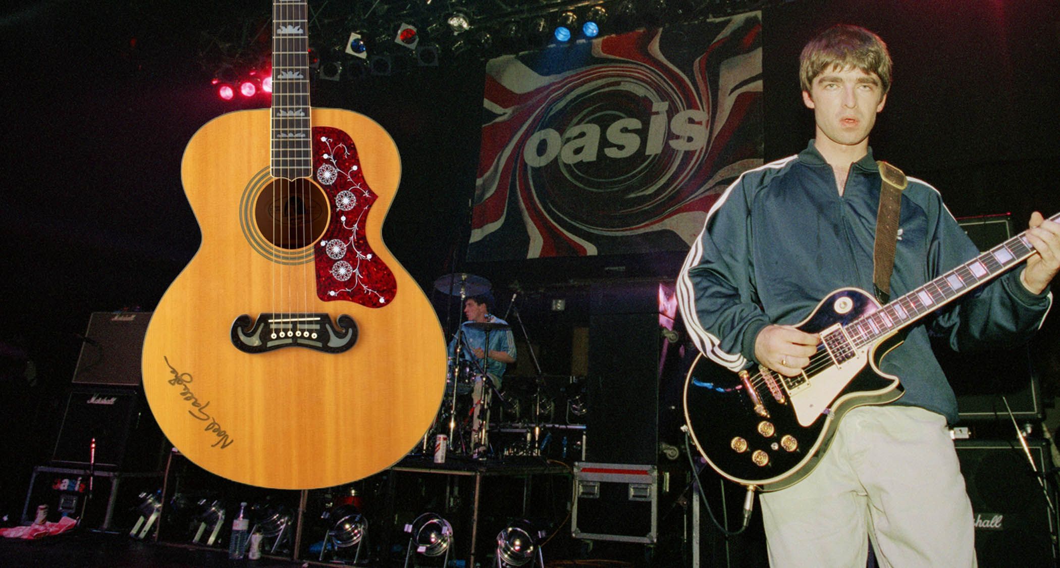 Noel Gallagher’s autographed Wonderwall EJ-200 fetches $96,000 at auction.]